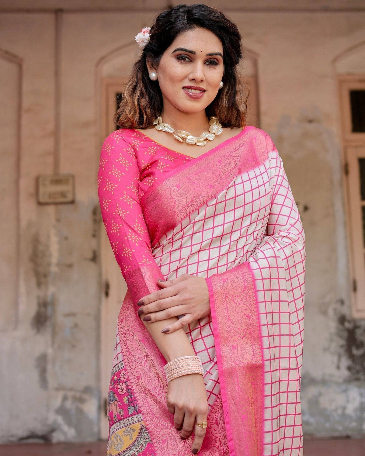 Pink and Ivory Tussar Silk Saree with Golden Zari Border and Majestic