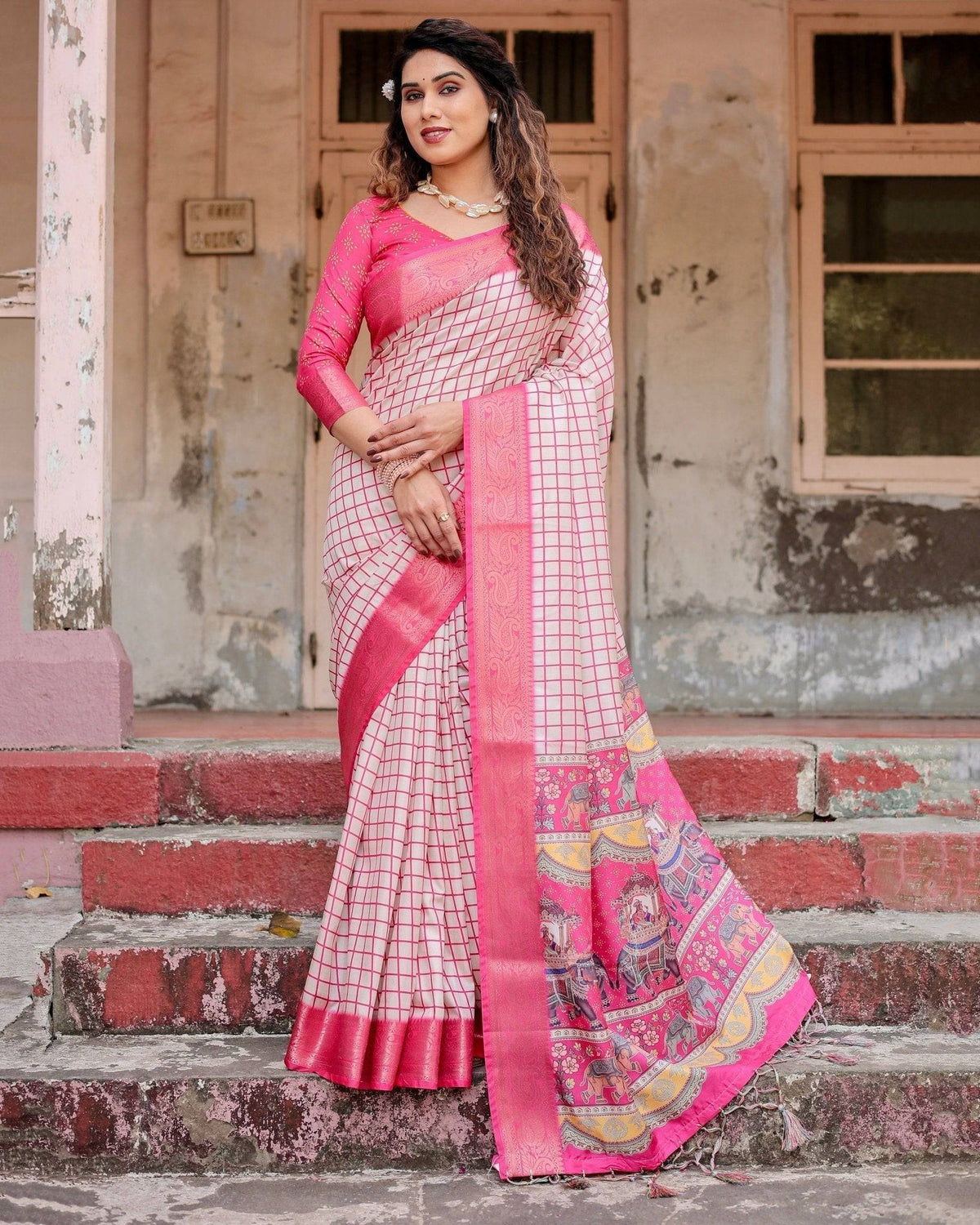 Pink and Ivory Tussar Silk Saree with Golden Zari Border and Majestic