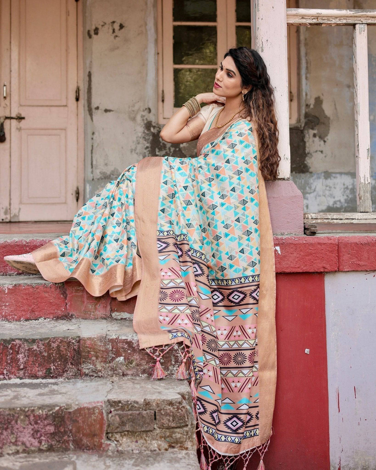 Contemporary Beige Tussar Silk Saree with Geometric Triangle Print and