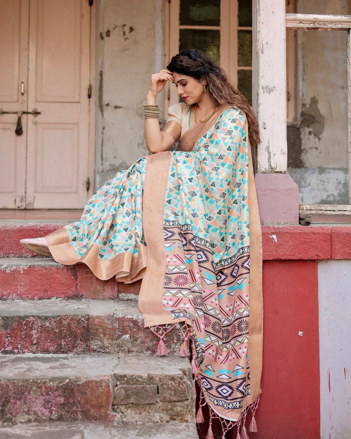 Contemporary Beige Tussar Silk Saree with Geometric Triangle Print and