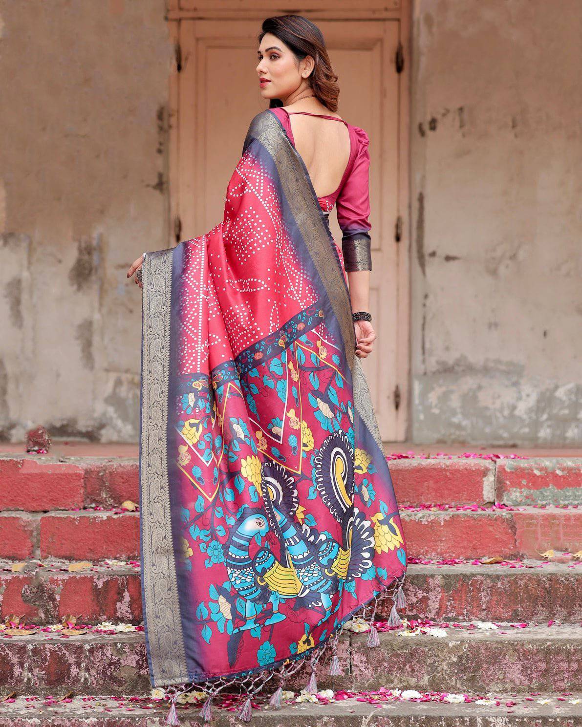 Crimson Red Tussar Silk Saree with Bandhani Patterns, Zari Border, and