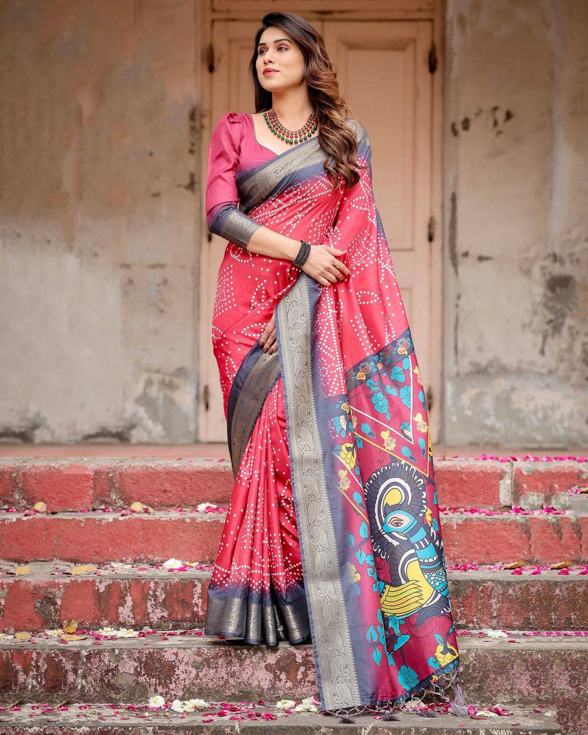 Crimson Red Tussar Silk Saree with Bandhani Patterns, Zari Border, and