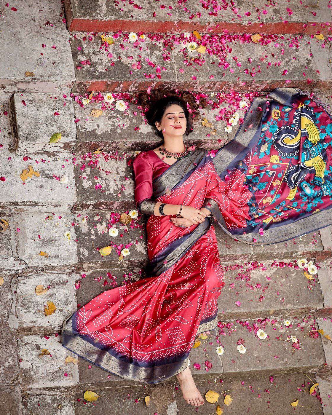 Crimson Red Tussar Silk Saree with Bandhani Patterns, Zari Border, and