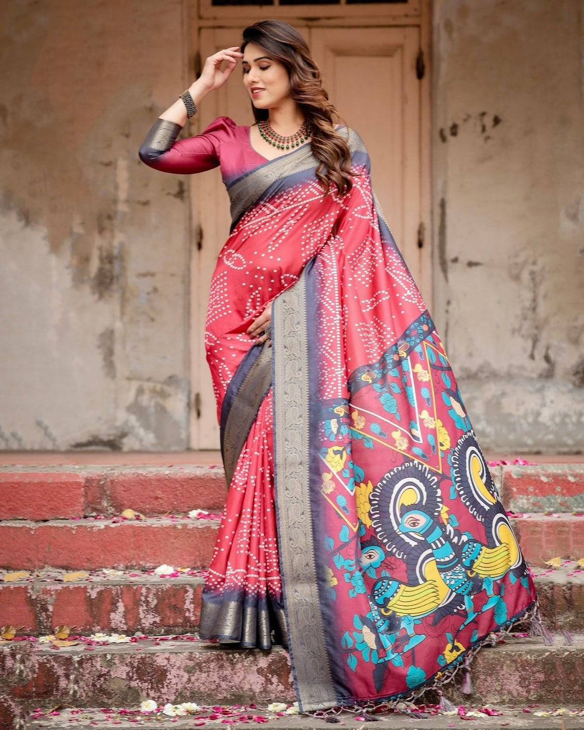 Crimson Red Tussar Silk Saree with Bandhani Patterns, Zari Border, and