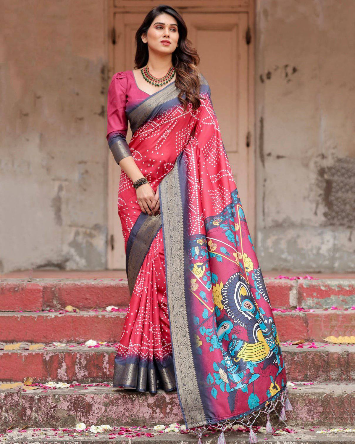Crimson Red Tussar Silk Saree with Bandhani Patterns, Zari Border, and