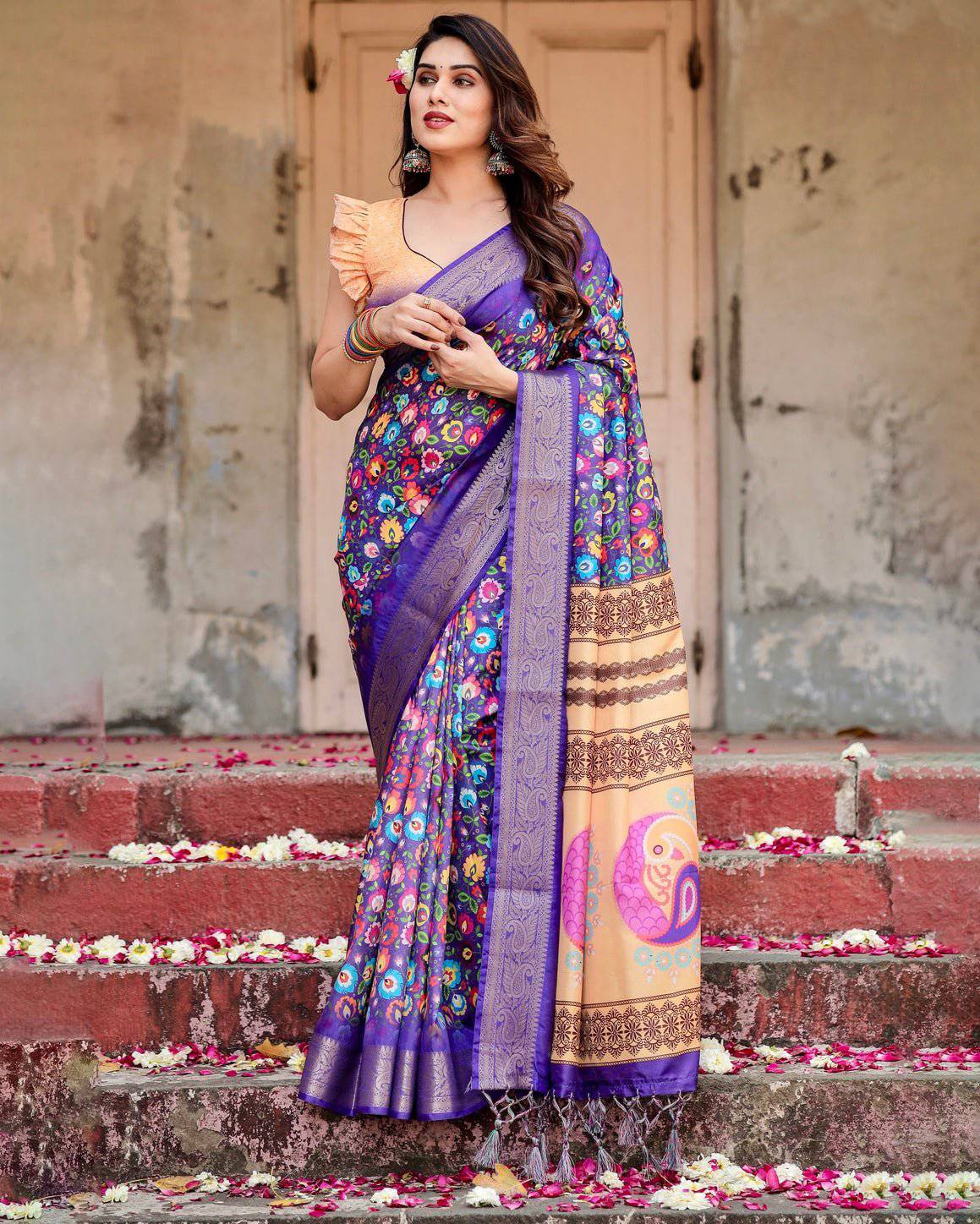 Royal Purple Tussar Silk Saree with Vibrant Floral Print and Peacock
