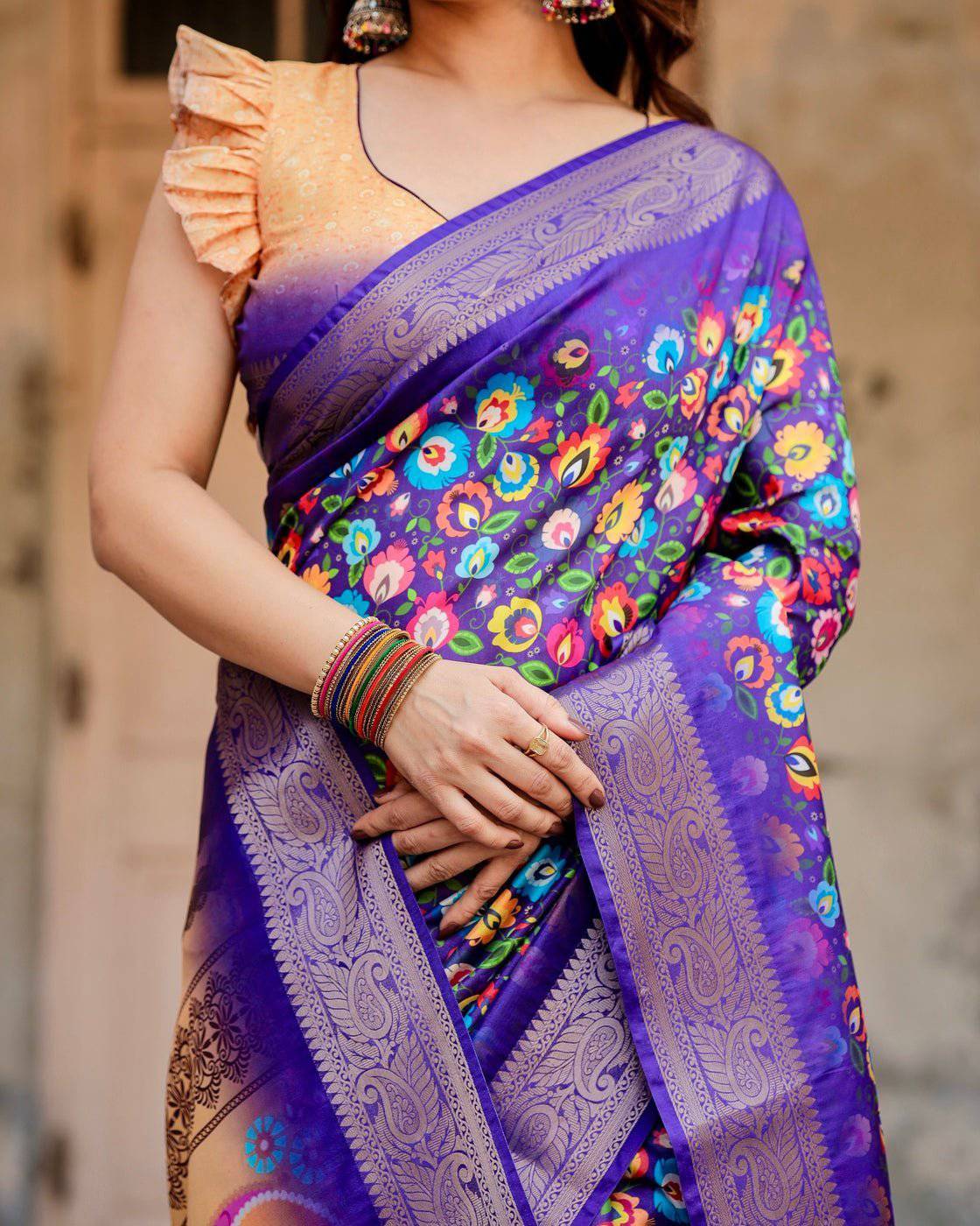 Royal Purple Tussar Silk Saree with Vibrant Floral Print and Peacock
