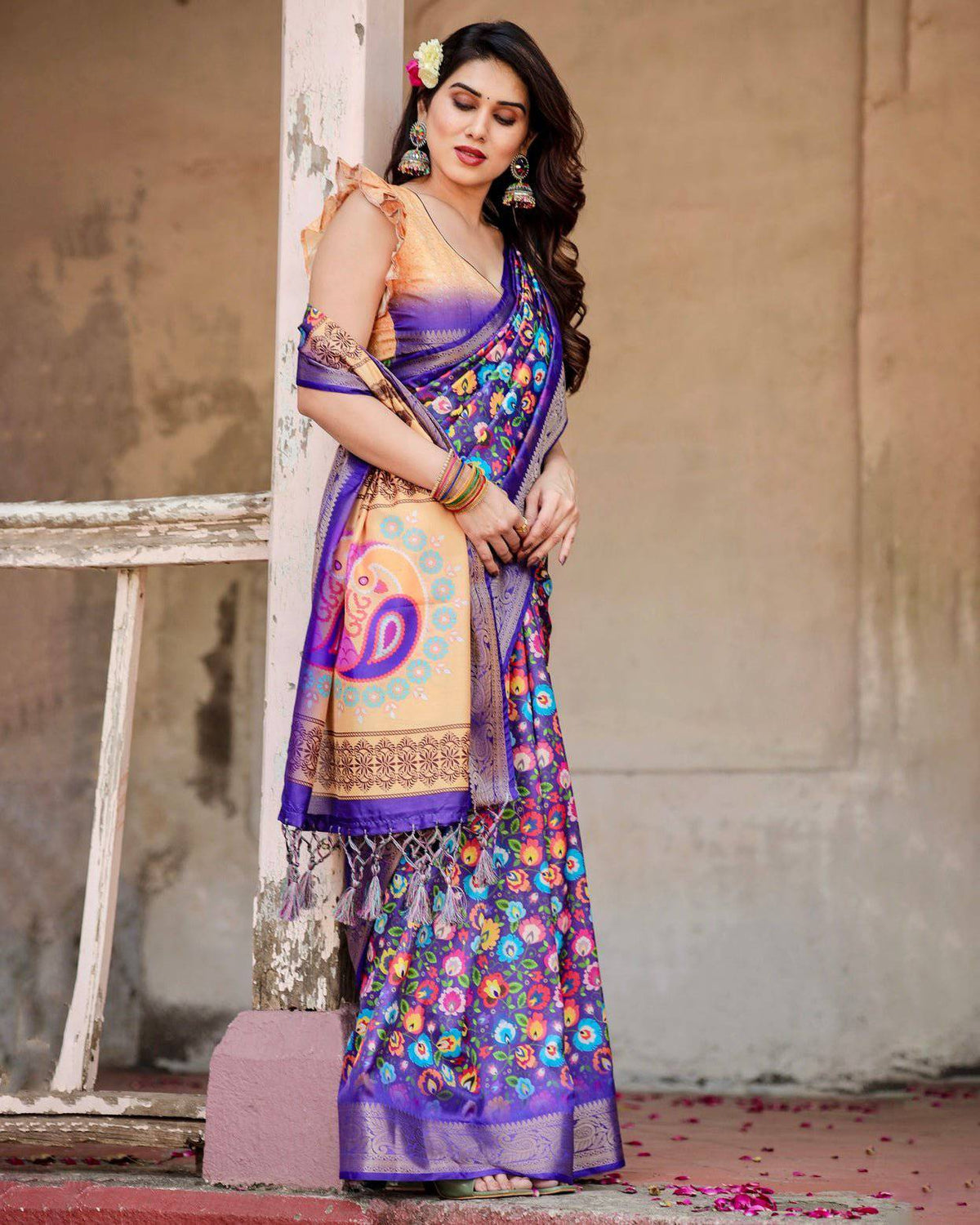 Royal Purple Tussar Silk Saree with Vibrant Floral Print and Peacock