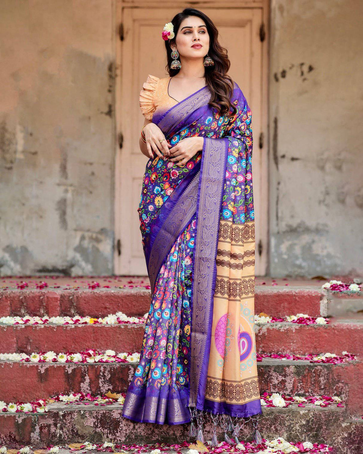 Royal Purple Tussar Silk Saree with Vibrant Floral Print and Peacock