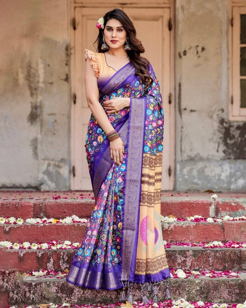 Royal Purple Tussar Silk Saree with Vibrant Floral Print and Peacock