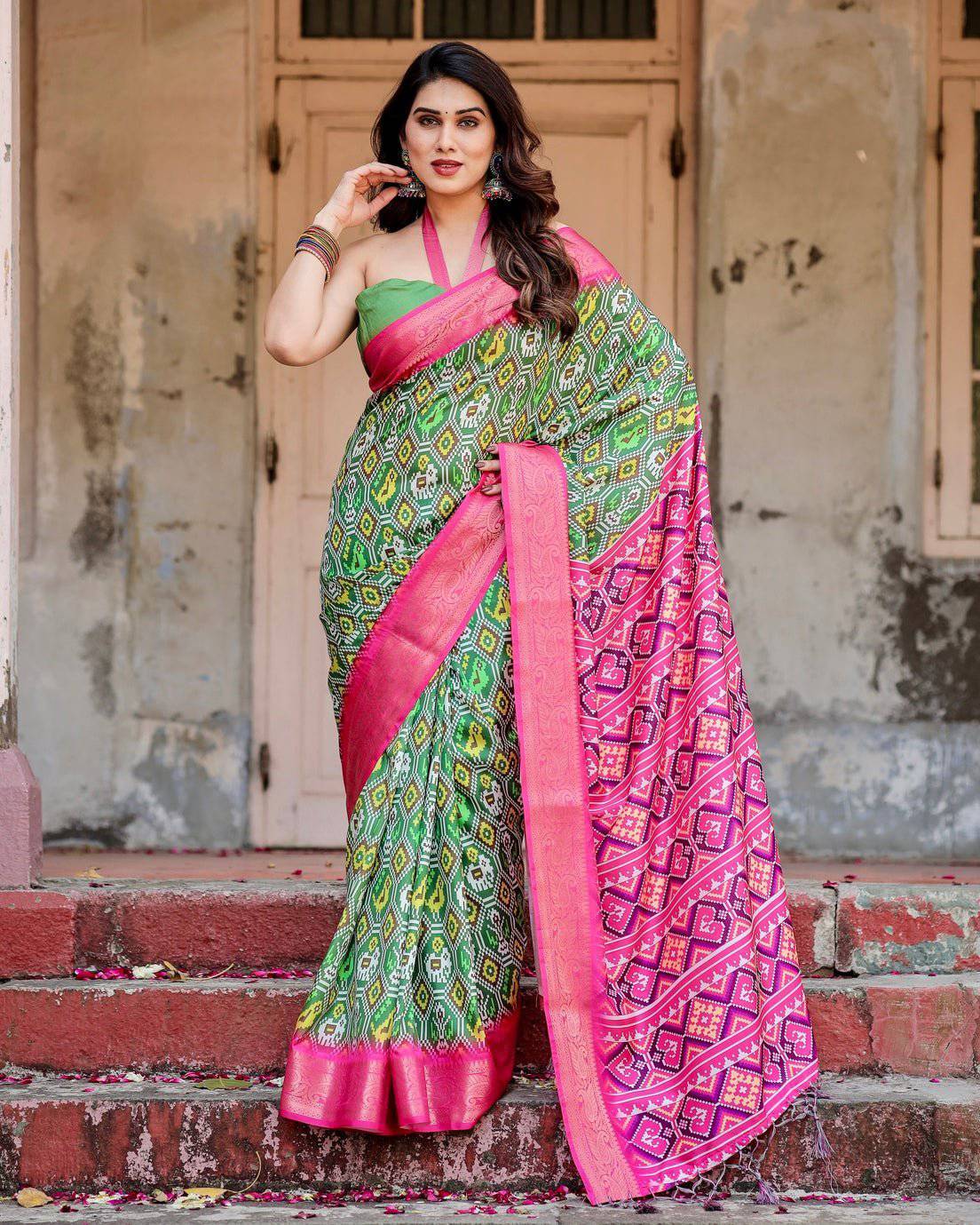 Green and Pink Tussar Silk Saree with Vibrant Ikat Patterns and Zari