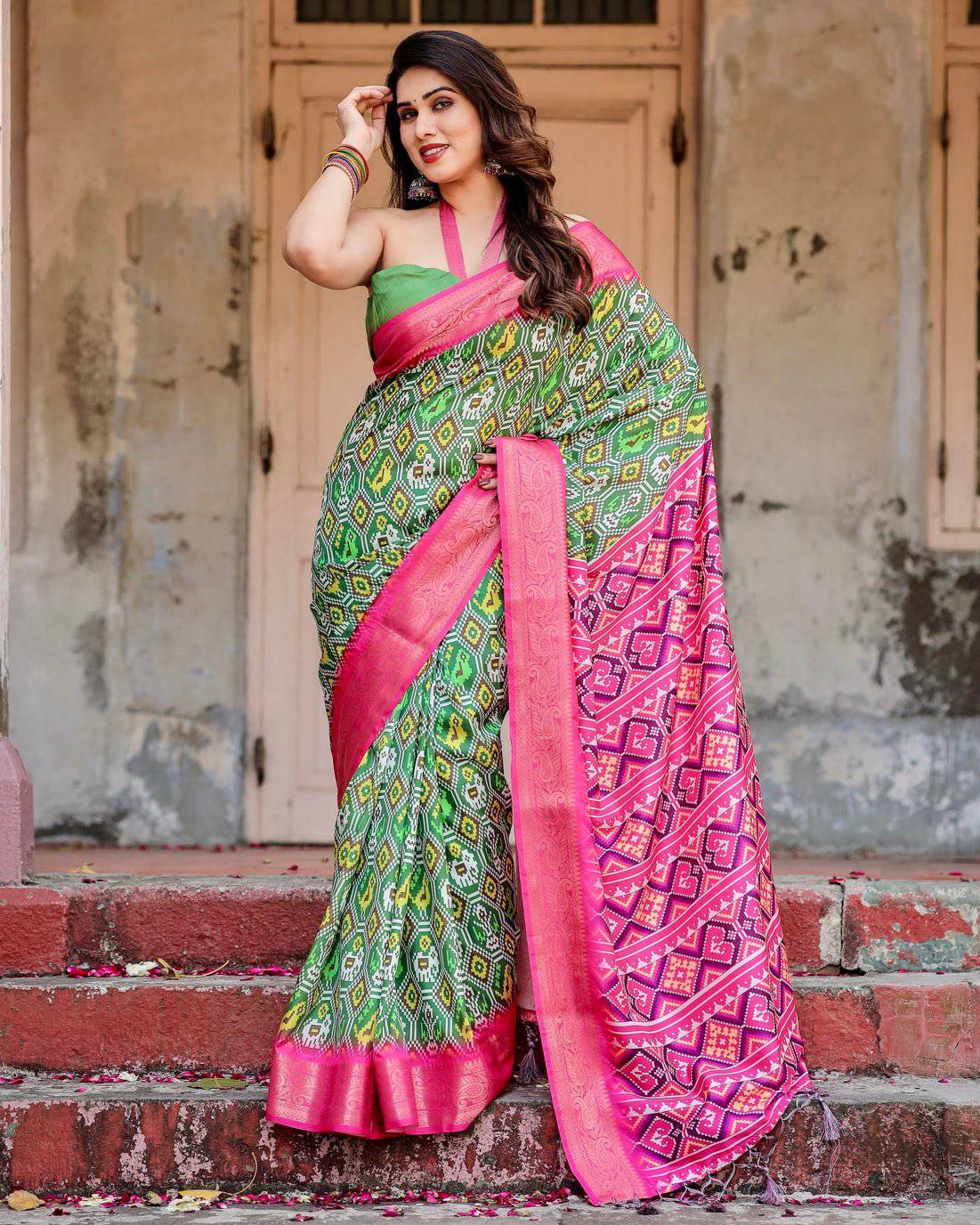 Green and Pink Tussar Silk Saree with Vibrant Ikat Patterns and Zari