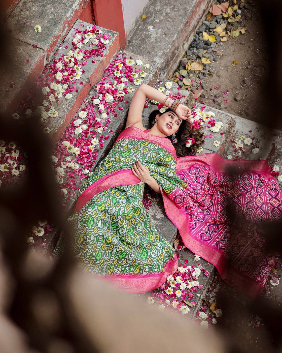 Green and Pink Tussar Silk Saree with Vibrant Ikat Patterns and Zari