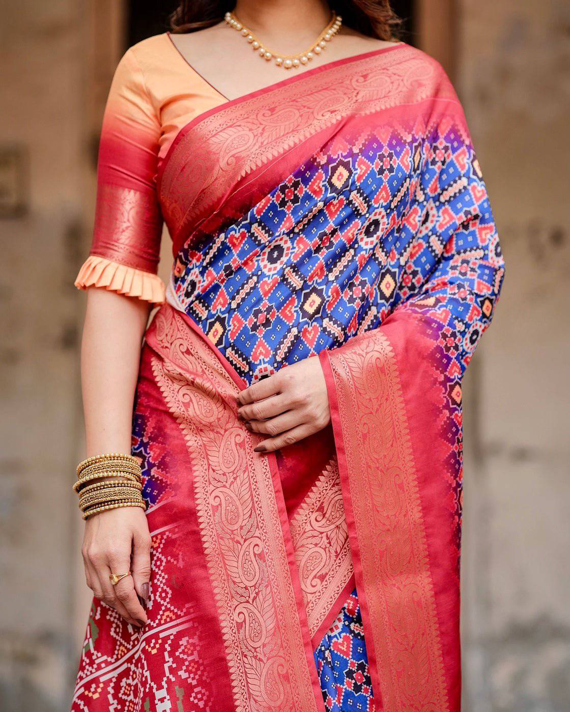 Royal Blue and Red Tussar Silk Saree with Geometric Patterns and