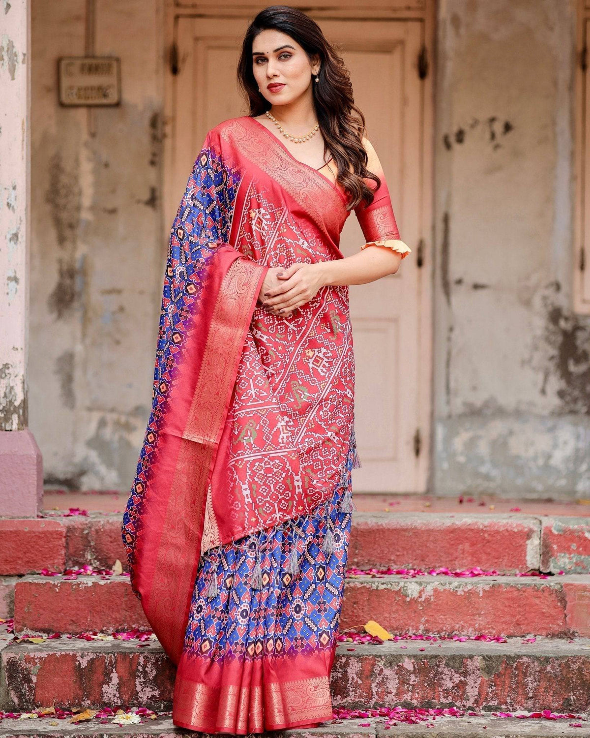 Royal Blue and Red Tussar Silk Saree with Geometric Patterns and