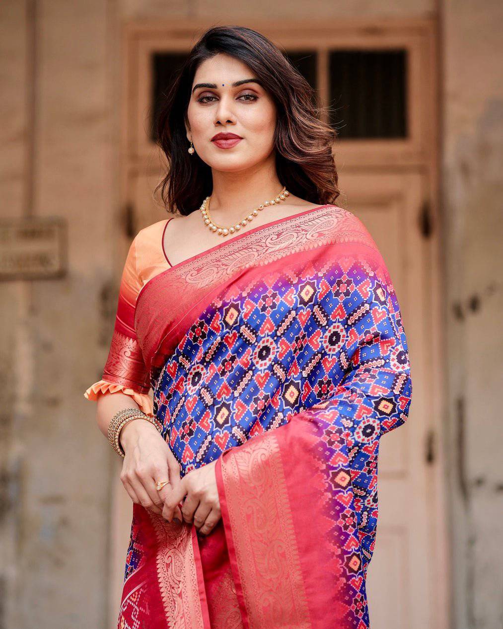 Royal Blue and Red Tussar Silk Saree with Geometric Patterns and