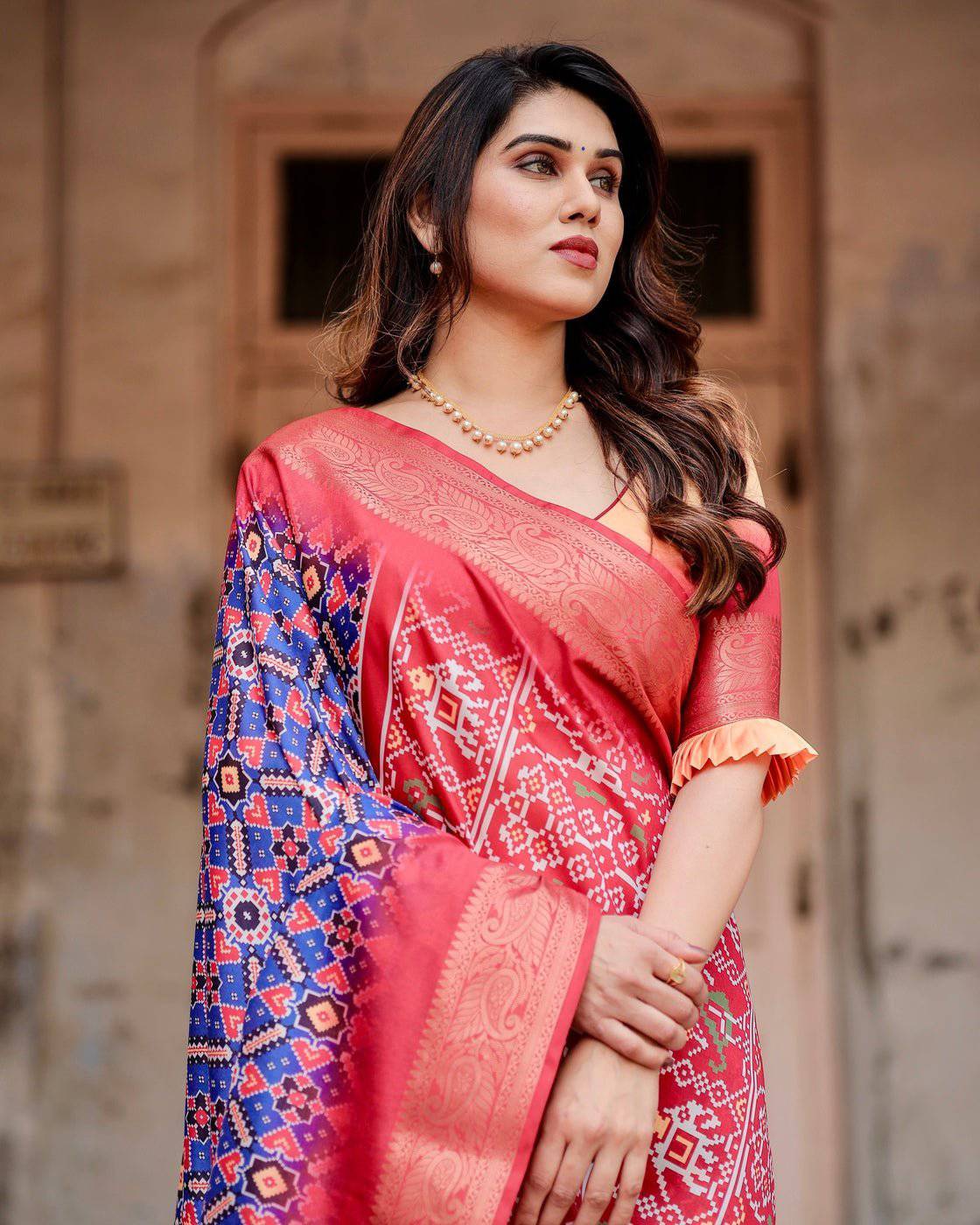 Royal Blue and Red Tussar Silk Saree with Geometric Patterns and