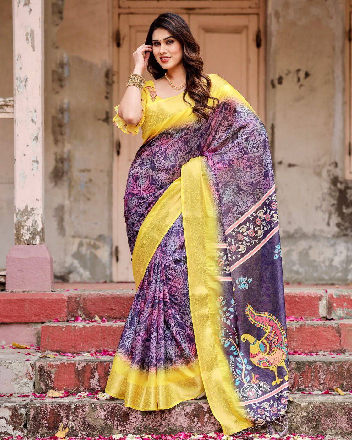 Purple and Yellow Tussar Silk Saree with Artistic Peacock Pallu and