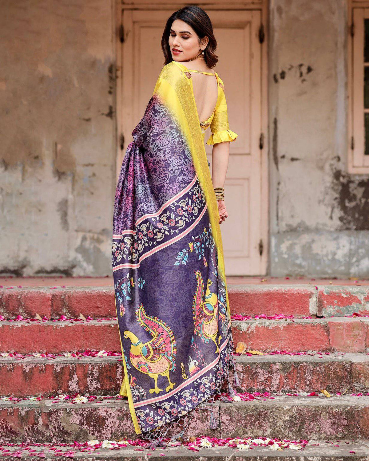 Purple and Yellow Tussar Silk Saree with Artistic Peacock Pallu and