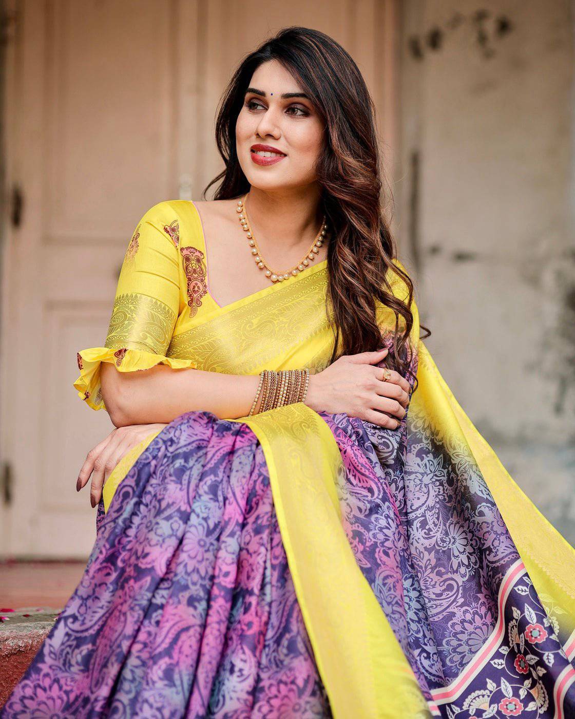 Purple and Yellow Tussar Silk Saree with Artistic Peacock Pallu and