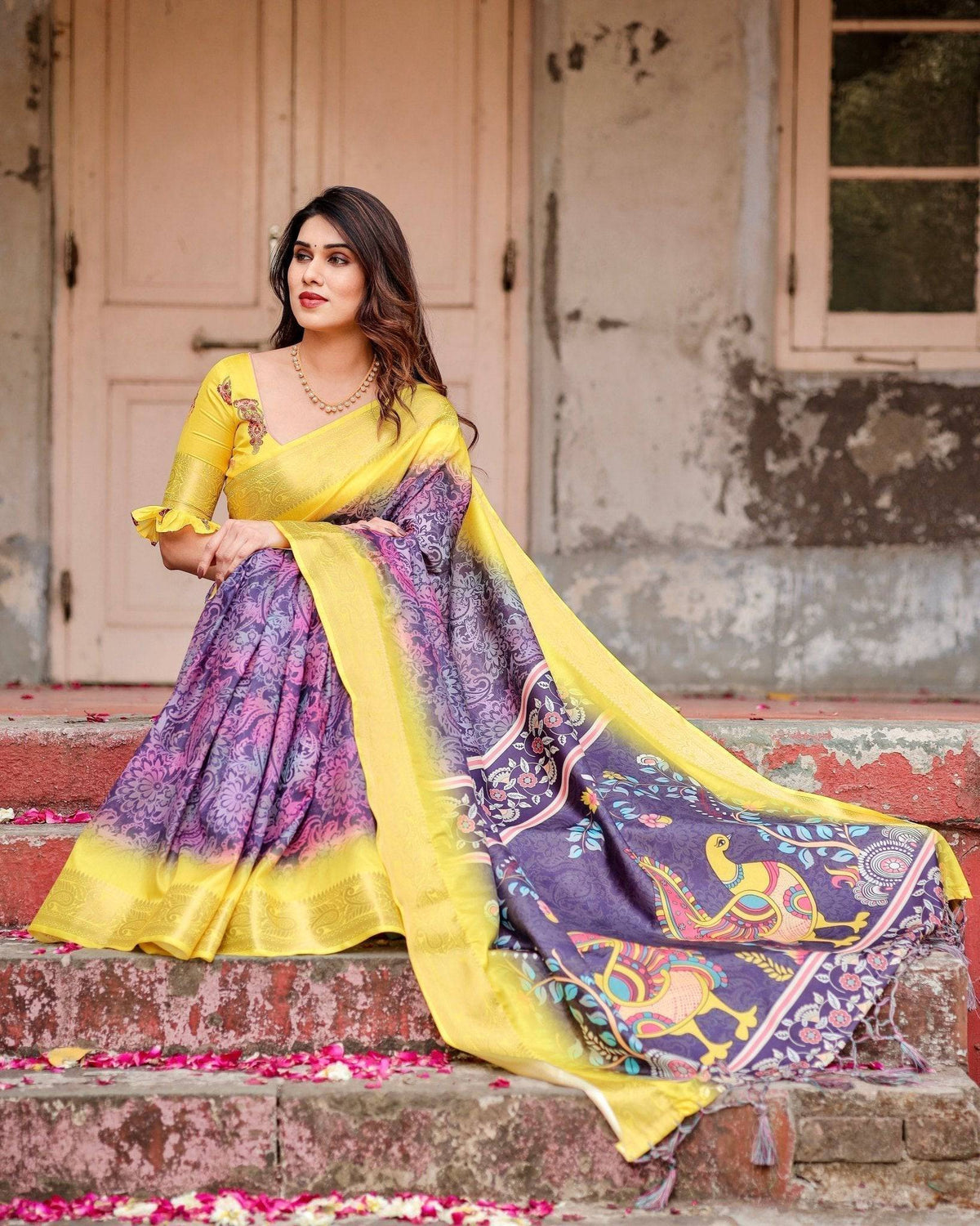 Purple and Yellow Tussar Silk Saree with Artistic Peacock Pallu and
