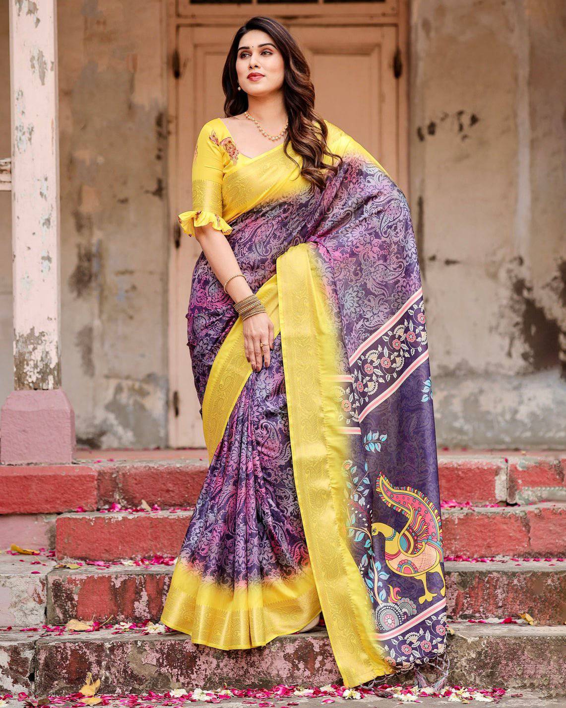 Purple and Yellow Tussar Silk Saree with Artistic Peacock Pallu and
