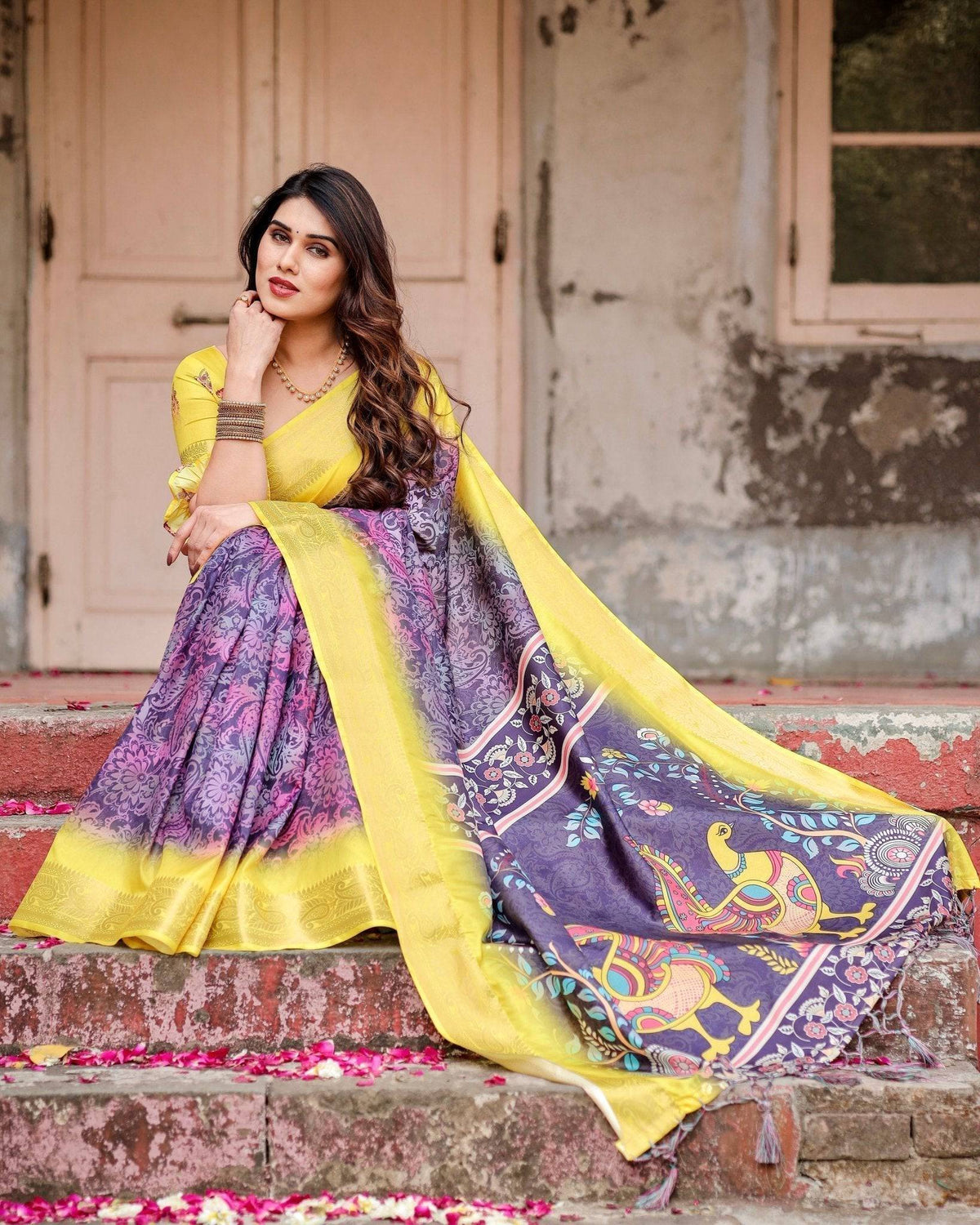 Purple and Yellow Tussar Silk Saree with Artistic Peacock Pallu and