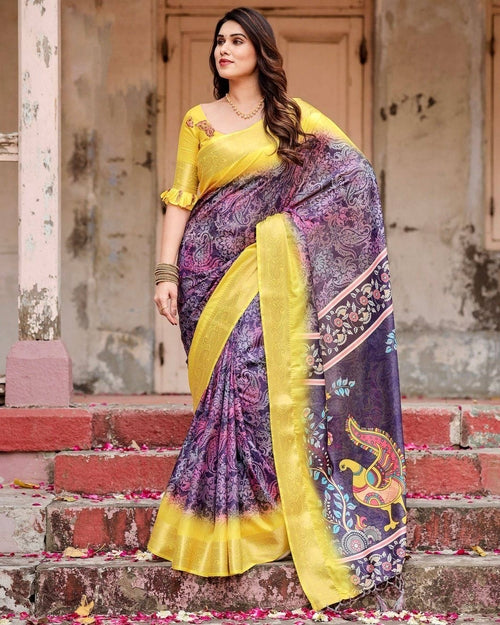 Purple and Yellow Tussar Silk Saree with Artistic Peacock Pallu and