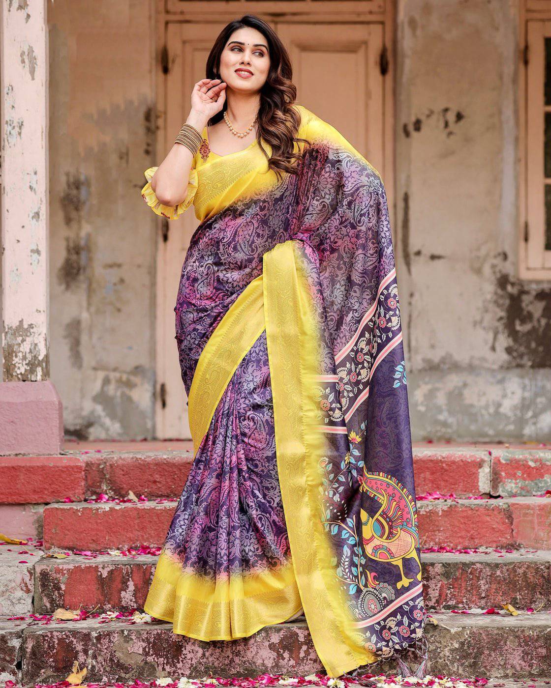 Purple and Yellow Tussar Silk Saree with Artistic Peacock Pallu and