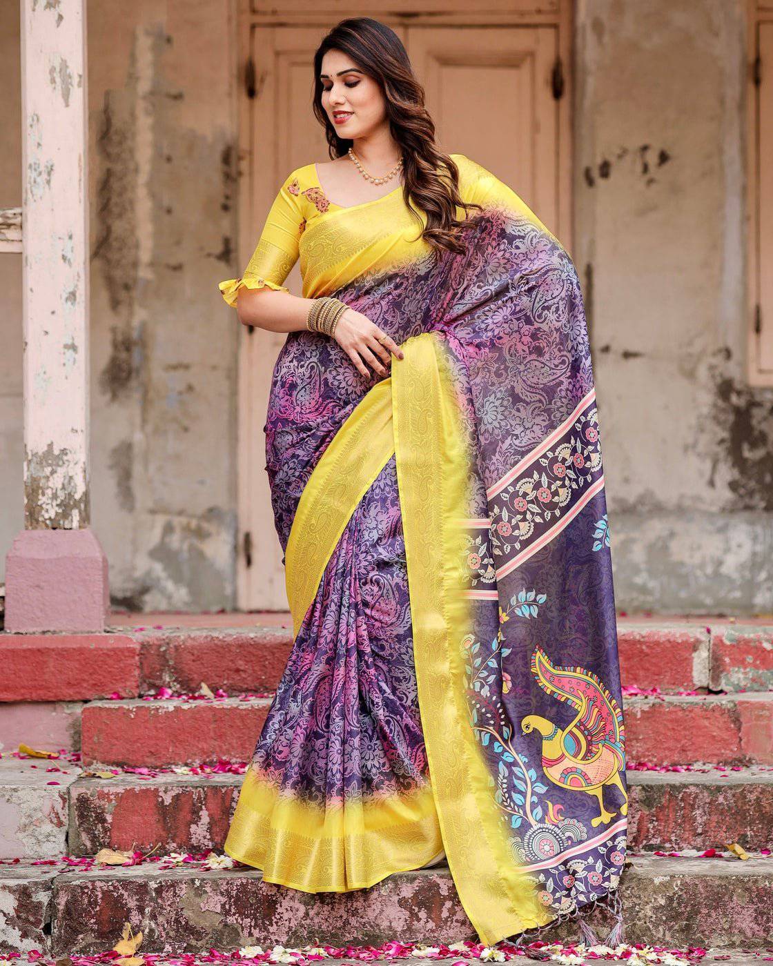 Purple and Yellow Tussar Silk Saree with Artistic Peacock Pallu and