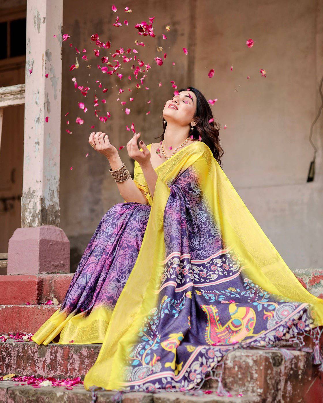 Purple and Yellow Tussar Silk Saree with Artistic Peacock Pallu and