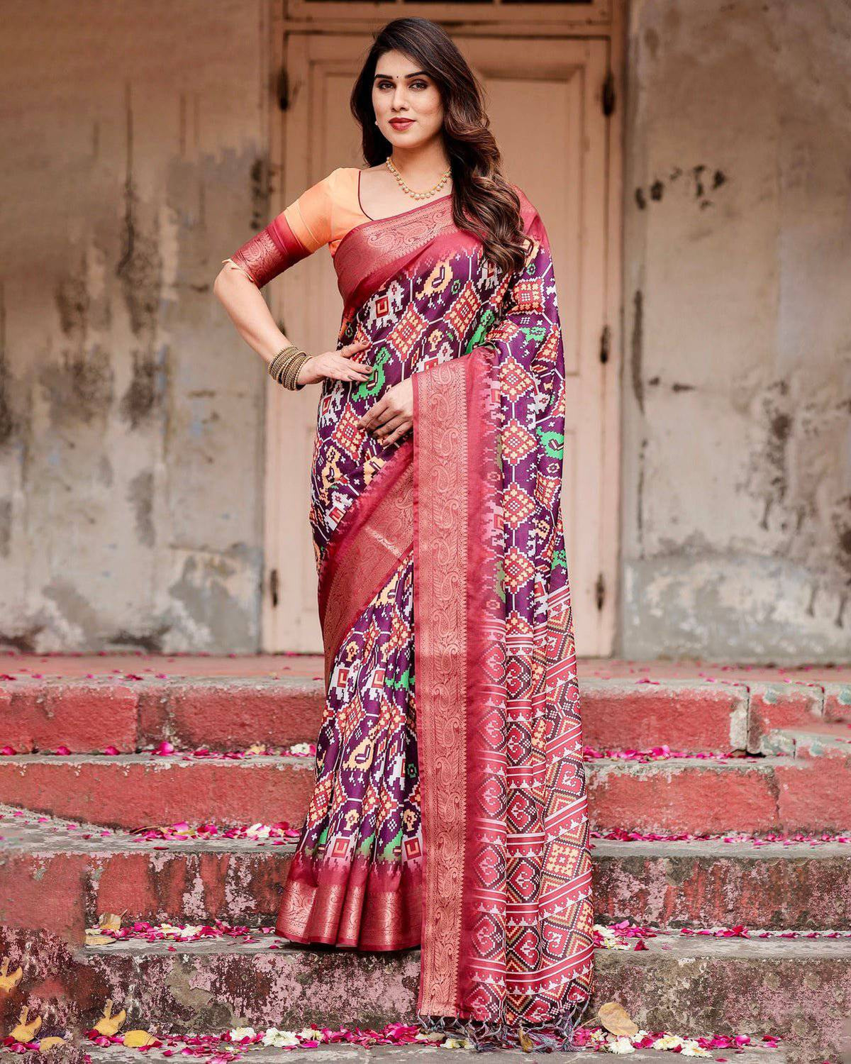 Wine Purple Tussar Silk Saree with Ikat-Inspired Patterns and Rich