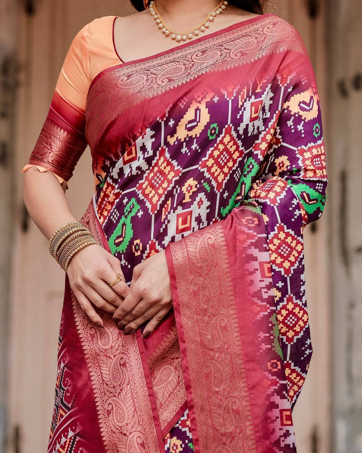 Wine Purple Tussar Silk Saree with Ikat-Inspired Patterns and Rich