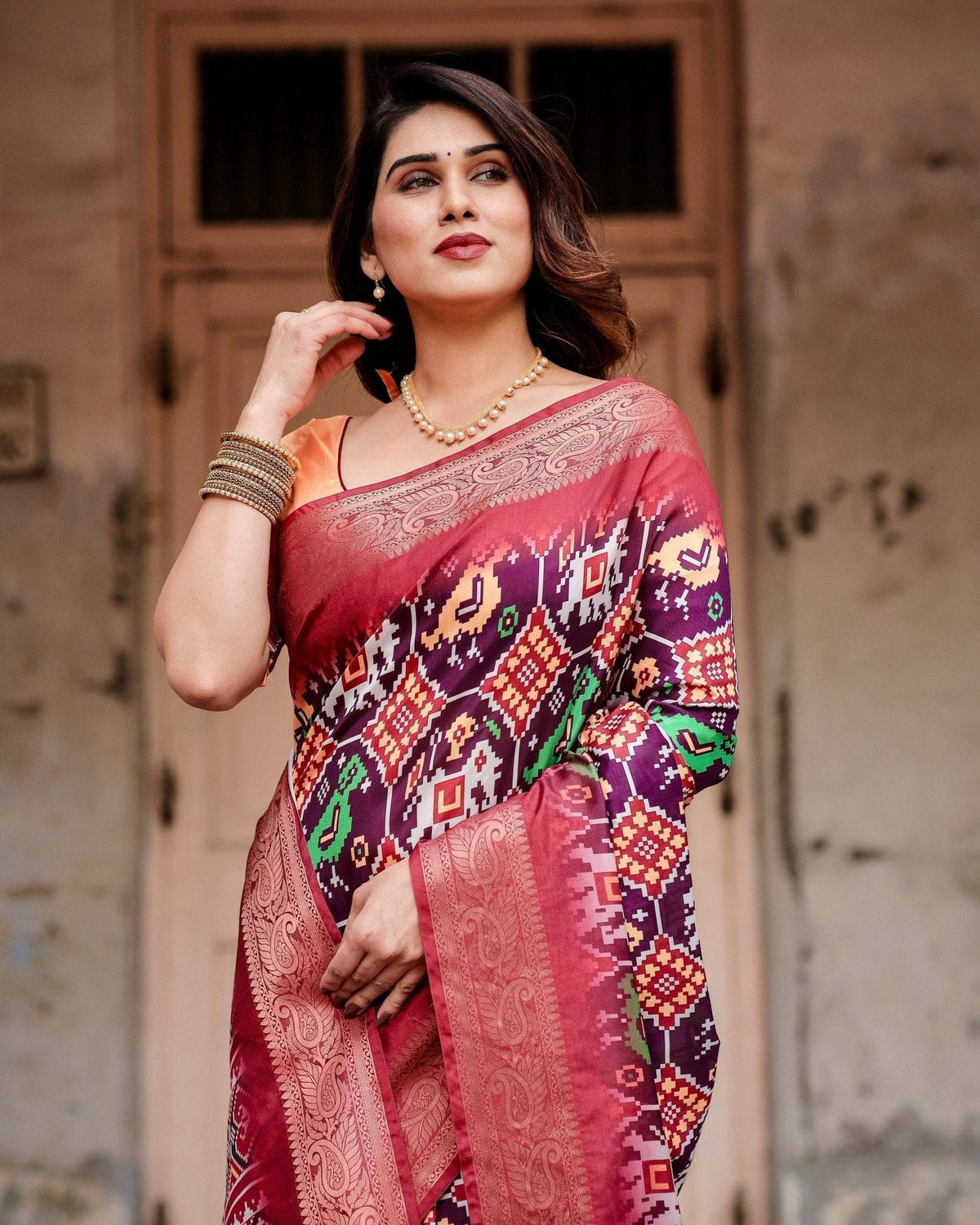 Wine Purple Tussar Silk Saree with Ikat-Inspired Patterns and Rich