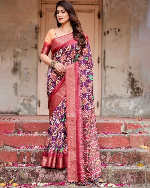 Wine Purple Tussar Silk Saree with Ikat-Inspired Patterns and Rich