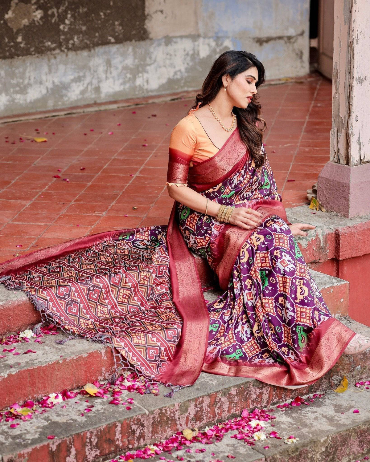 Wine Purple Tussar Silk Saree with Ikat-Inspired Patterns and Rich