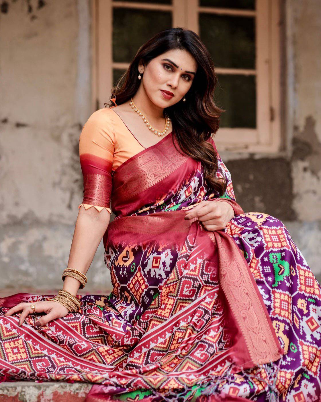 Wine Purple Tussar Silk Saree with Ikat-Inspired Patterns and Rich