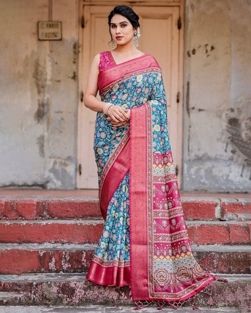 Teal Blue and Coral Tussar Silk Saree with Vibrant Floral Motifs and