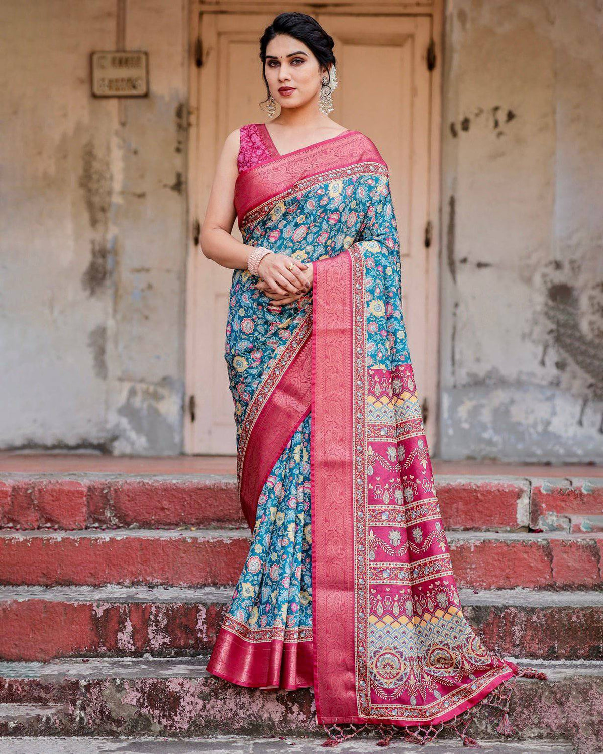 Teal Blue and Coral Tussar Silk Saree with Vibrant Floral Motifs and