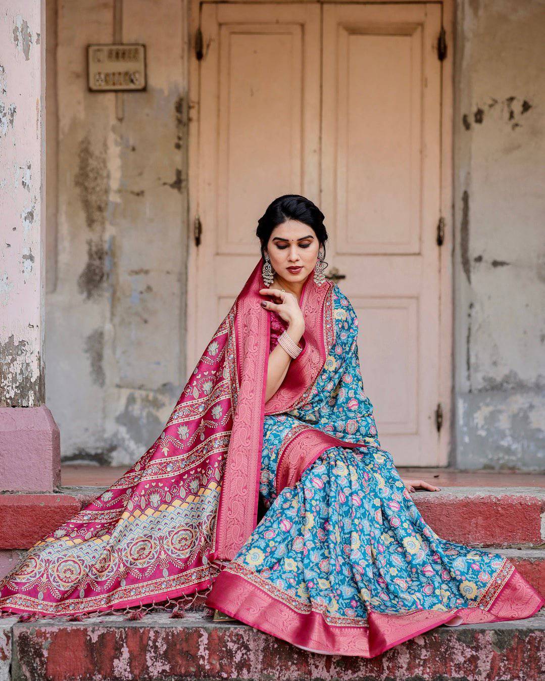 Teal Blue and Coral Tussar Silk Saree with Vibrant Floral Motifs and