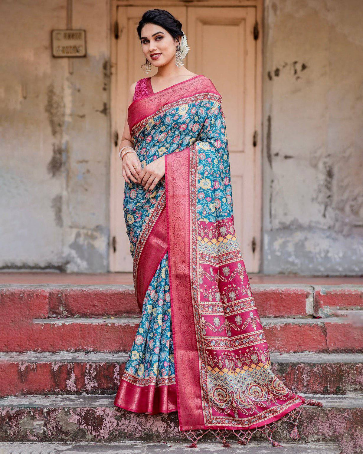 Teal Blue and Coral Tussar Silk Saree with Vibrant Floral Motifs and