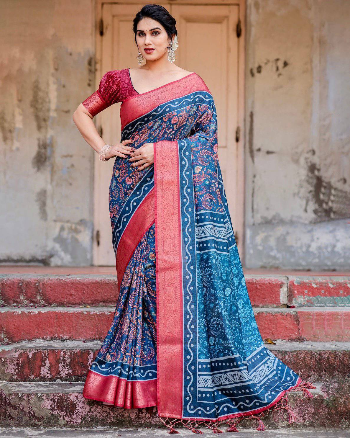Teal Blue and Coral Tussar Silk Saree with Floral Weaves and Geometric