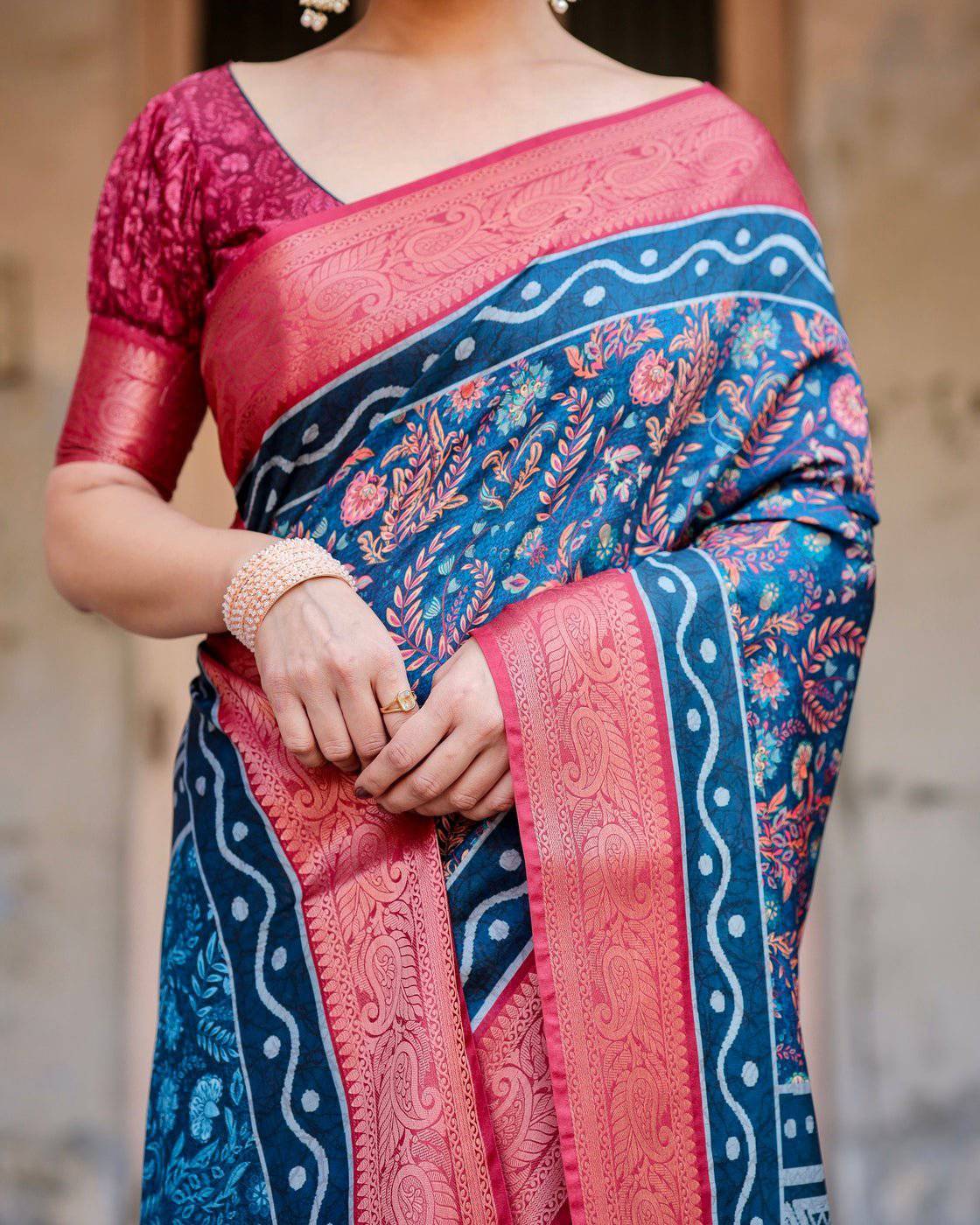 Teal Blue and Coral Tussar Silk Saree with Floral Weaves and Geometric