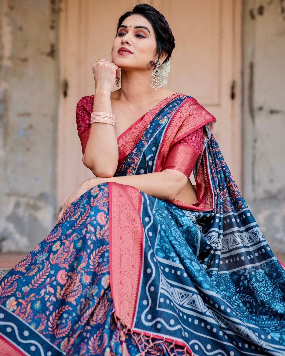 Teal Blue and Coral Tussar Silk Saree with Floral Weaves and Geometric