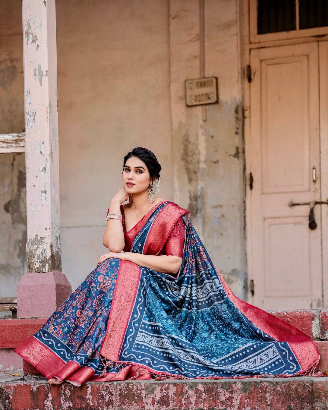 Teal Blue and Coral Tussar Silk Saree with Floral Weaves and Geometric