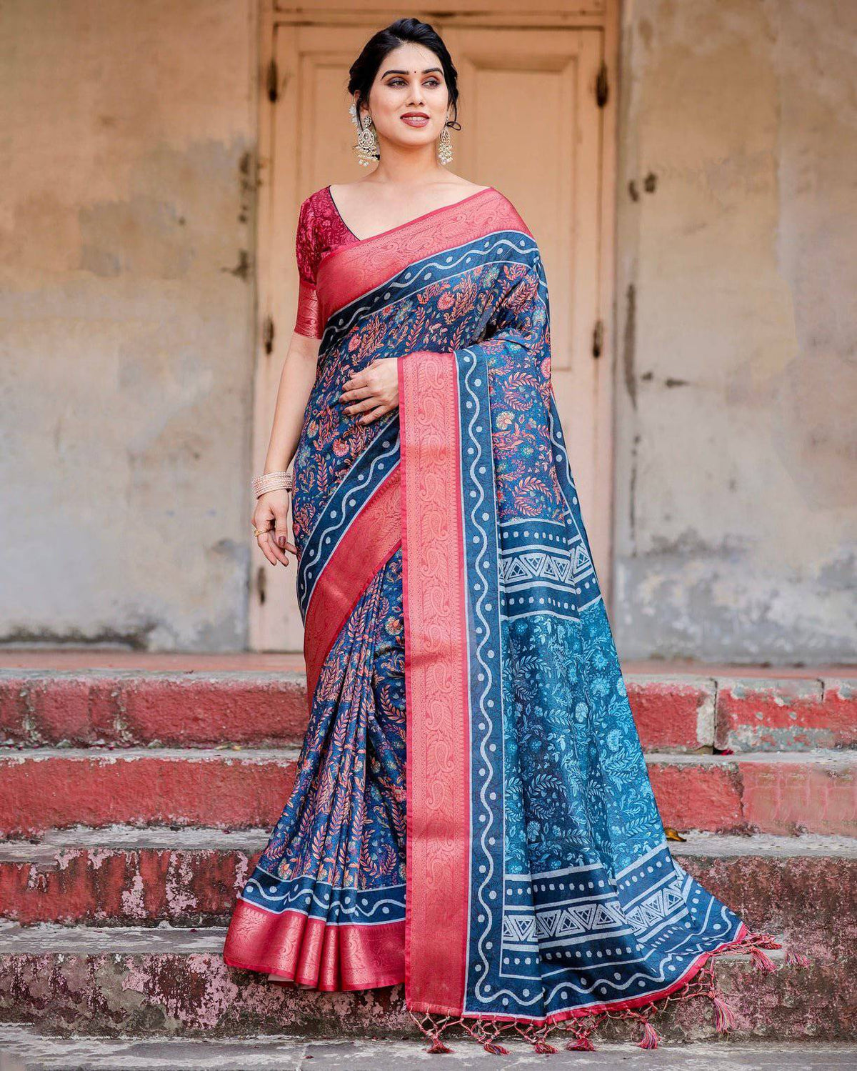 Teal Blue and Coral Tussar Silk Saree with Floral Weaves and Geometric