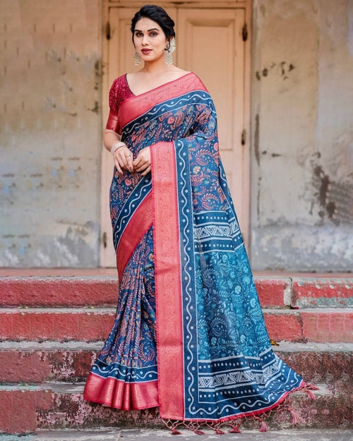 Teal Blue and Coral Tussar Silk Saree with Floral Weaves and Geometric