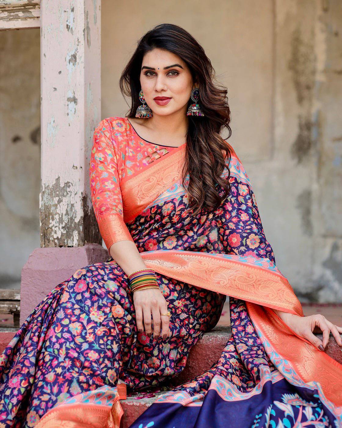 Navy Blue and Peach Tussar Silk Saree with Peacock Motifs and Floral