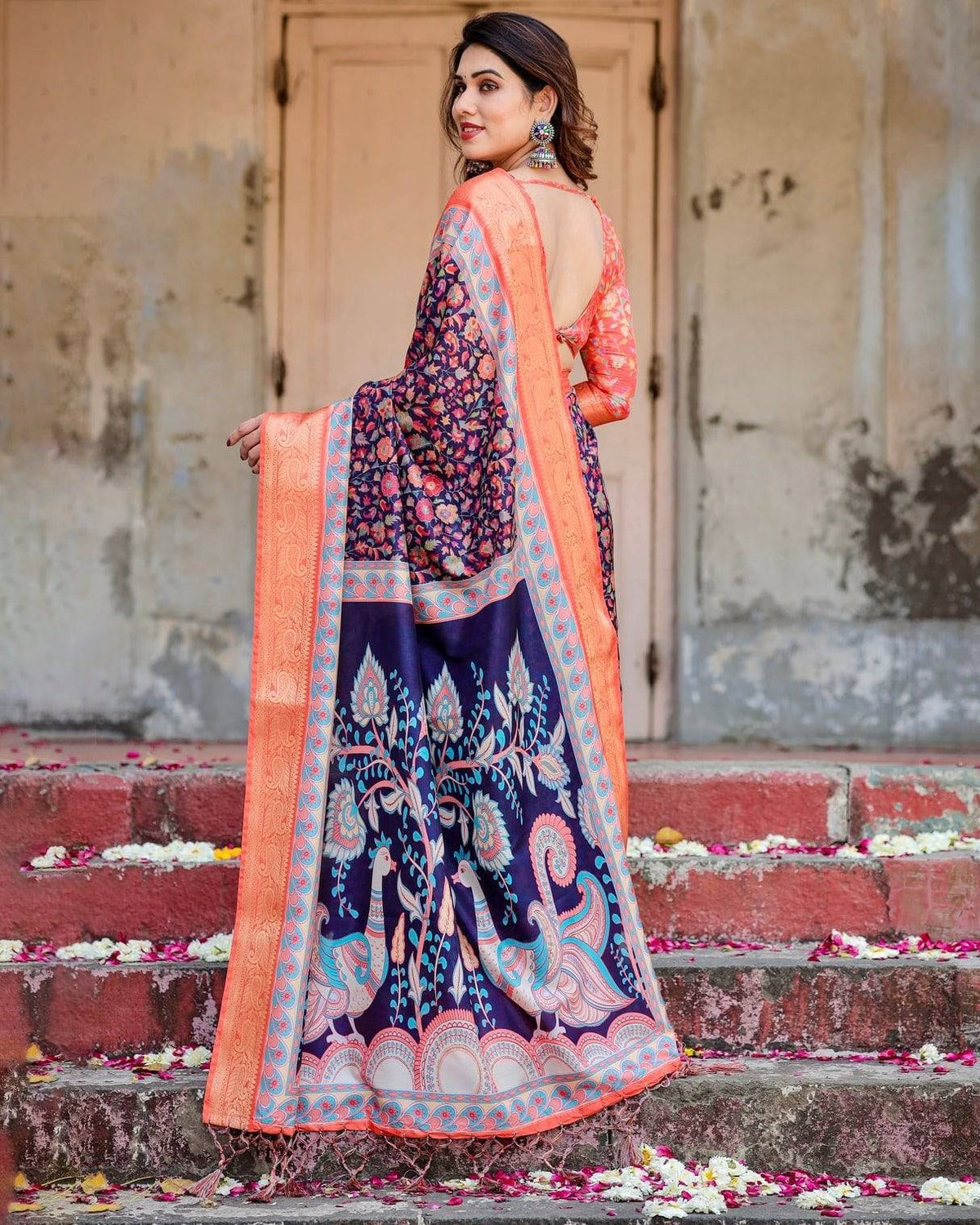 Navy Blue and Peach Tussar Silk Saree with Peacock Motifs and Floral