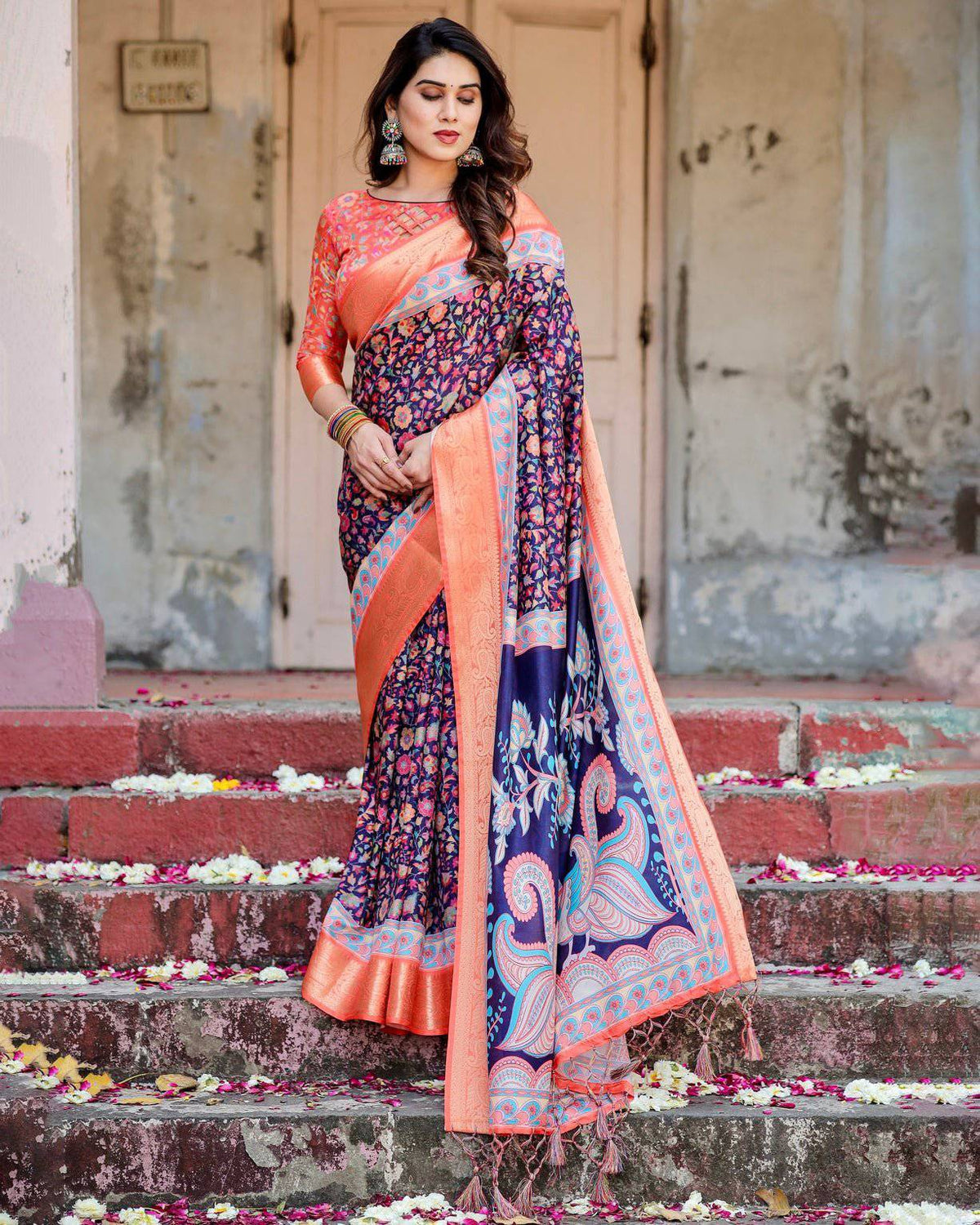 Navy Blue and Peach Tussar Silk Saree with Peacock Motifs and Floral